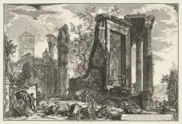 Tempel van Vesta en de Tempel van de Tiburtijnse Sibille v Tivoli Jiný pohled na chrám Sibyly v Tivoli (název na objektu) Gezichten op Rome (název série) Pohledy na Řím navrhl a vyryl Giambattista Piranesi architekt Ve (nez) iano (ser