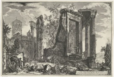 Tempel van Vesta en de Tempel van de Tiburtijnse Sibille v Tivoli Jiný pohled na Sibylin chrám v Tivoli (název na objektu) Gezichten op Rome (název série) Pohledy na Řím navrhl a vyryl Giambattista Piranesi architekt Ve (nez) iano (ser