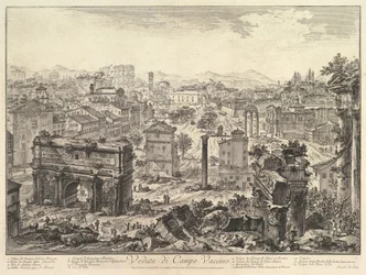 Forum Romanum, nebo Campo Vaccino, z Kapitolu, s obloukem Septimius v t..., ca. 1775.
