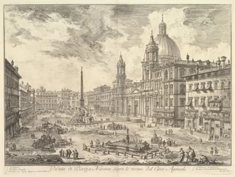 Piazza Navona v Římě nad ruinami Domitianova cirku, napravo kostel Sant