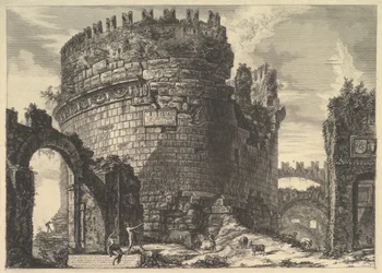 Hrobka Caecilia Metella, z Vedute di Roma Roman Views, ca. 1762.
