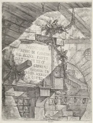 Tisk titulu s tváří v žaláři a titulem na zdi Dungeons (název série) Invenzioni Capric di Carceri all Acqua Forte (název série na objektu)