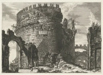 Tombe van Caecilia Metella te Rome Hrob Cecilie Metella (...) (název na předmětu) Gezichten op Rome (název série) Pohledy na Řím navržený a vyrytý architektem Giambattista Piranesi Ve (nez) iano (název série)