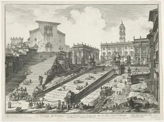 Trappen na náměstí Piazza del Campidoglio en de Santa Maria v Aracoeli te Rome Pohled na římské Campidoglio se schodištěm vedoucím ke kostelu Araceli (název na objektu) Gezichten op Rome (název série) Pohledy na Řím navrhl a vyryl Giambattista Pira