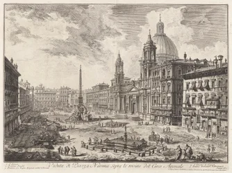 Pohled na náměstí Piazza Navona nad ruinami cirkusu Domitian, z Vedute di Roma (Pohledy na Řím)