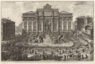 Perspektivní pohled na velkou fontánu Acqua Vergine, zvanou Fontána di Trevi, architektura Nicola Salviho, z Vedute di Roma