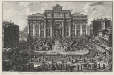 Perspektivní pohled na velkou fontánu Acqua Vergine zvanou Trevi, architektura Nicola Salviho