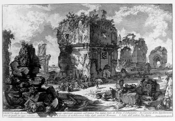 Pohled na hrob na Via Appia v Římě. Kresba Giovanni Piranesi (známý jako Piranese) (1720-1778). 1756