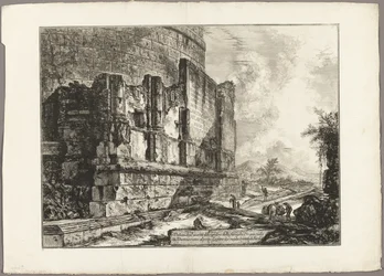 Pohled na zbytky hrobky Plautiů na Via Tiburtina, poblíž Ponte Lugano, dvě míle vzdálené od Tivoli, z Views of Rome
