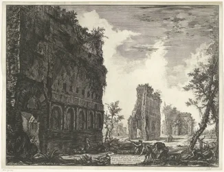 Villa Adriana t a Tivoli Pohled na zbytky obvodu starověkých továren jednoho z náměstí vily Adriana (název na objektu) Gezichten op Rome (název série) Pohledy na Řím navrhl a vyryl Giambattista Piranesi architekt Ve (