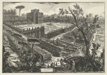 Villa Doria Pamphili te Řím Villa Panfili mimo Porta S. Pancrazio (název na objektu) Gezichten op Rome (název série) Pohledy na Řím navržený a vyrytý architektem Giambattista Piranesi Ve (nez) iano (název série)