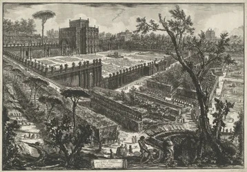 Villa Doria Pamphili te Řím Villa Panfili mimo Porta S. Pancrazio (název na objektu) Gezichten op Rome (název série) Pohledy na Řím navržený a vyrytý architektem Giambattista Piranesi Ve (nez) iano (název série)