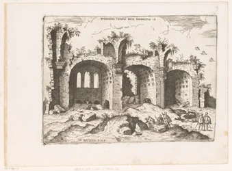 Gezicht op de Basilica van Maxentius te Rome Pohled na ruiny chrámu míru (název na objektu) Římské ruiny (název série) Některé důležité památky římského starověku (...) (název série)