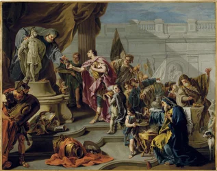 Afričan Scipion (Publius Cornelius Scipio Africanus) (235-183 př. n. l.) vzdává hold bohu Marsovi (Scipio vzdává hold Marsu) - obraz Giovana Battisty Pittoniho (1687-1767), olej na plátně (71,7x91,1 cm) - Soukromá sbírka