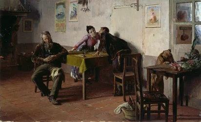 Confidences, Giovanni Battista Quadrone (1844-1898), olej na panelu, 30,5x52 cm