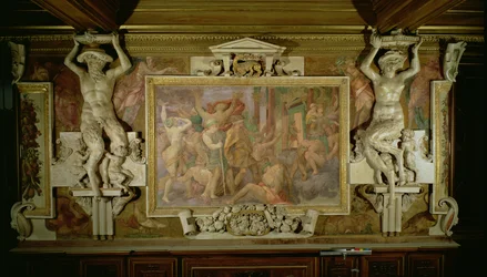 Hon na nevědomost, detail výzdoby v galerii Františka I., freska a štuky z let 1530-40