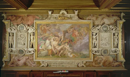 Smrt Adonise, detail výzdoby v galerii Františka I., 1530-40 freska a štuky