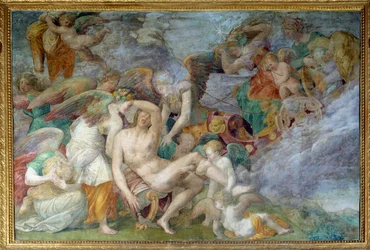 Smrt Adónida, freska v 5. jižním poli galerie Františka I. ve Fontainebleau. Obraz Giovanniho Battisty di Jacopo Rosso (1494-1541)