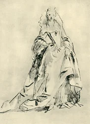 Dáma v šatech s vysokým límečkem a špičatým živůtkem, počátek 18. století, 1943.
