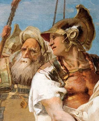 Detail Aenea, od Aeneida představuje Cupida, převlečeného za Ascania, po Dido, z pokoje Aeneidy v Palazzině, 1757