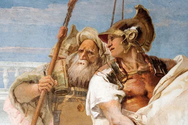 Detail Aenea, od Aeneida představuje Cupida, převlečeného za Ascania, po Dido, z pokoje Aeneidy v Palazzině, 1757