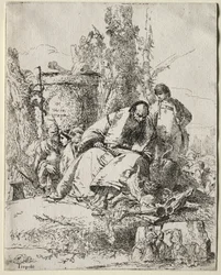 Scherzi: sedící kouzelník, chlapec a čtyři postavy, 1735-40