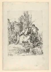 Sedící kouzelník, chlapec a čtyři postavy ze Scherzi di Fantasia, ca. 1743-50.