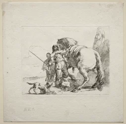Různé rozmary: Kavalír nasedající na koně, 1785.
