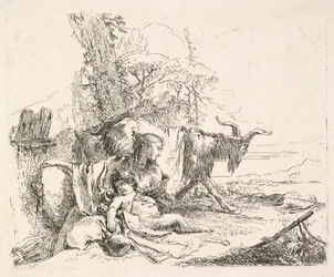Žena a nemluvně satyr v krajině, žena se kroutí, aby se podívala přes svou levou botu..., ca. 1740-42.
