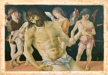Mrtvý Kristus podporovaný anděly, cca 1475 (olej a tempera na dřevěné desce)