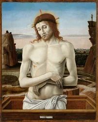 Bolestný Kristus neboli Kristus reprezentovaný jako Muž bolesti - Muž bolesti - Bellini, Giovanni (1430-1516) - 1460-1469 - Olej na dřevě - 50x40 - Museo Poldi Pezzoli, Milán