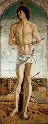 Polyptych svatého Vincence Ferrerského: svatý Šebestián. Malba Giovanniho Belliniho, zvaného il Giambellino (kolem 1432-1516), 1464-1468, rozměry 167 x 67 cm, Benátky, Chiesa dei Santi Giovanni e Paolo