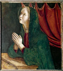 Polyptych svatého Vincence Ferriera: panna zvěstování (Polyptych sv. Vincenta Ferrera: panna zvěstování) Obraz Giovanni Bellini dit il Giambellino (asi 1432-1516) 1464-1468 Rozměr 72x67 cm Benátský kostel Santi Giovanni