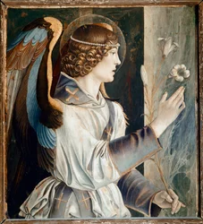 Polyptych St Vincent Ferrier: Anděl zvěstování (Polyptych St Vincent Ferrer: Angel of the Annunciation) Malba Giovanni Bellini dit il Giambellino (asi 1432-1516) 1464-1468 Rozměr 72x67 cm Benátský kostel Santi Giovanni e Paolo