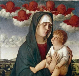 Panna s dítětem a andělé. Detail (tempera na panelu
