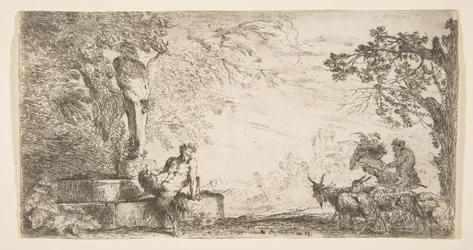 Satyr ležící u nohy sochy Priapa, vpravo kozy, ca. 1645-48.