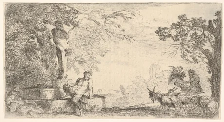 Satyr ležící u nohy sochy Priapa, vpravo kozy, ca. 1645-48.