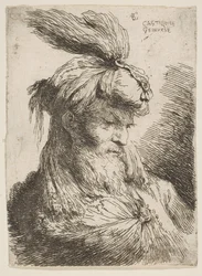 Hlava vousatého muže s turbanem obráceným vpravo, ze série Malé hlavy..., ca. 1645-1650.