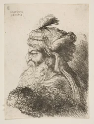 Hlava starého muže s turbanem obráceným doleva, ze série Malých hlav v ..., ca. 1645-1650.