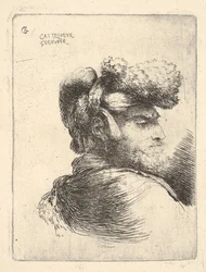 Muž z profilu otočený vpravo, na hlavě kožešinovou čepici, ze série Small Heads in Or..., ca. 1645-1650.