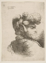 Muž z profilu otočený vpravo, na hlavě kožešinovou čepici, ze série Small Heads in Or..., ca. 1645-1650.