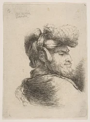 Muž z profilu obrácený vpravo, na hlavě kožešinovou čepici, ze série Small Heads in Orie..., ca. 1645-50.