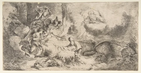 Panna a dítě, Bůh otec vpravo nahoře, andělé vlevo, ca. 1647-50.