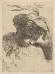 Mladý muž dívá se dolů doprava, ze série malých hlav v Oriental Headdr..., ca. 1645-50.