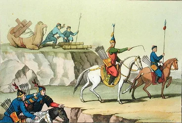 Oddíl postupujících vojáků, ilustrace z knihy "Le Costume Ancien et Moderne" od Giulia Ferraria, vydané asi ve 20.-30. letech 19. století (barevná litografie)