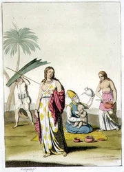 Indická rodina, z „Le Costume Ancien et Moderne“ od Julese Ferraria, vydáno kolem 20.–30. let 18. století (barevné lito)