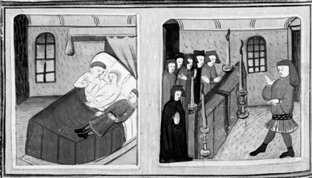 Dekameron, Lorenzo je zabit bratry Lisabetty; Lisabetta ukrývá hlavu milovaného ve váze. Čtvrtý den, novela 8