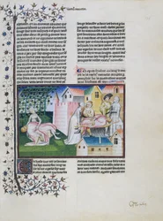 Gabriotto umírá v náručí Andreuoly, Andreuola přivádí jeho tělo domů a je zatčena, Andreuola je prohlášena za nevinnou a stává se jeptiškou, miniaturou Dekameronu, čtvrtý den, šestý příběh, od Giovanniho Boccaccia (1313-1375)