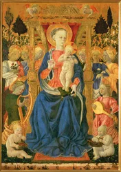 Panna s dítětem na trůně, s anděly a putti (malba na dřevě)