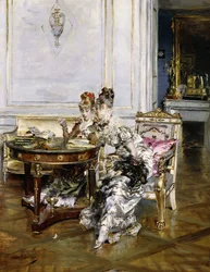 Elegantní dámy v interiéru, kolem roku 1875